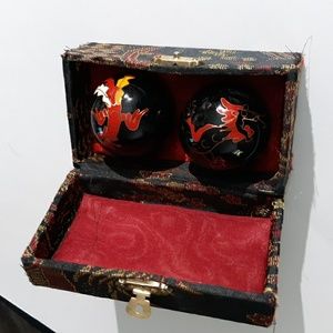 Asian massage metal hand balls black ornate design in box